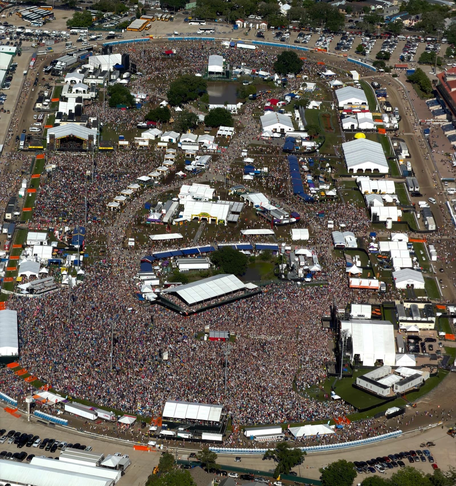 Aerial view of the Jazz Fest crowd filling the Fair Grounds in New Orleans